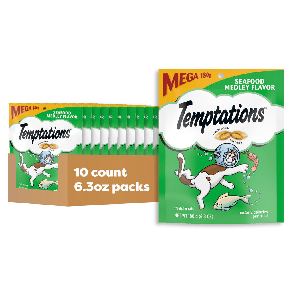 TEMPTATIONS Adult Cat Treats Seafood Medley Flavour 180g (10 Pack)